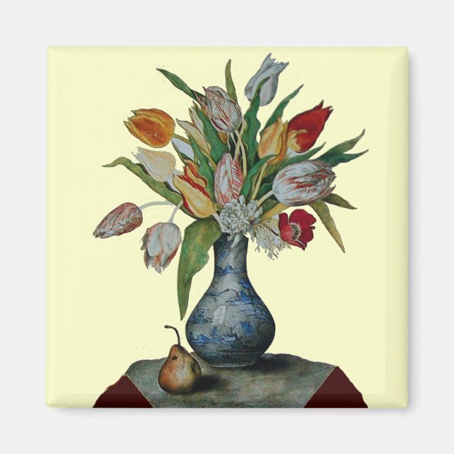 OBST UND BLUME DER SAISON - TULIPS N BLAUE VASE MAGNET (Vorne)