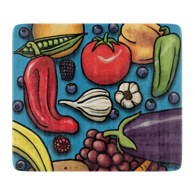 Obst und Gemüse in Blauen Farben Schneidebrett (Vorderseite)