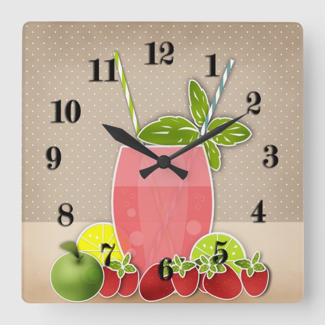 Obstcocktail Erdbeere ApfelZitrone Limon Retro Quadratische Wanduhr (Vorderseite)