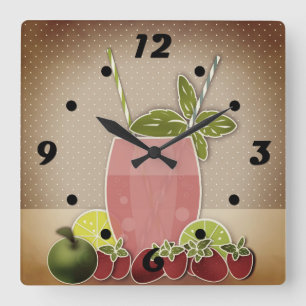 Obstcocktail Erdbeere ApfelZitrone Limon Retro Quadratische Wanduhr