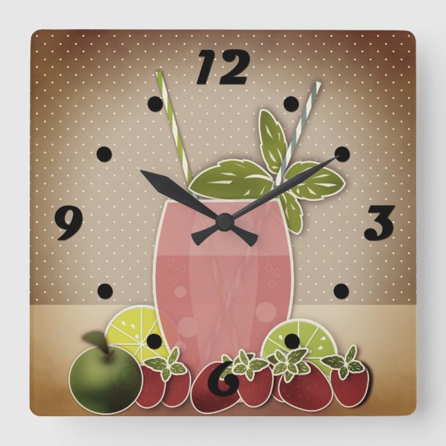 Obstcocktail Erdbeere ApfelZitrone Limon Retro Quadratische Wanduhr (Vorderseite)