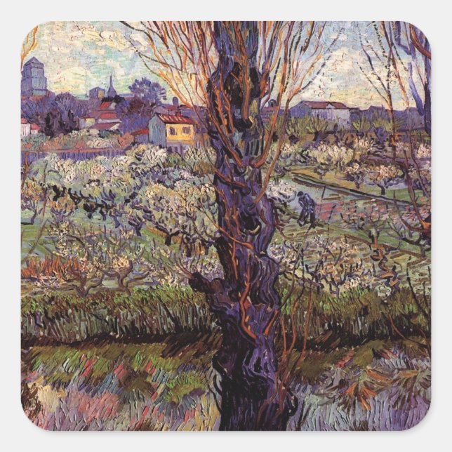 Obstgarten in Blossom, Arles von Vincent van Gogh Quadratischer Aufkleber (Vorderseite)
