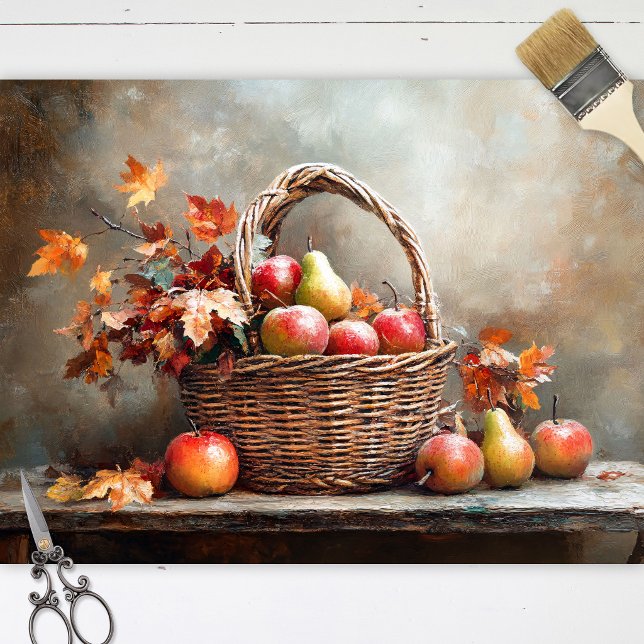 Obstkorb im Herbst Seidenpapier (Tissue paper sheets showing a still life painting with apples in a basket, laid flat on white wood.)