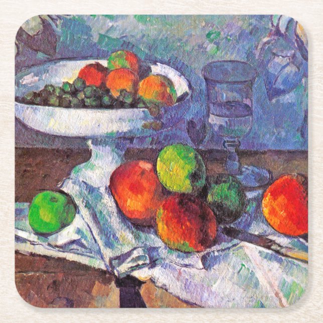Obstschale, Glas und Äpfel, Cezanne Rechteckiger Pappuntersetzer (Vorderseite)