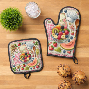 Obstschale umgeben von Küchenelementen Ofenhandschuh & Topflappen-Set
