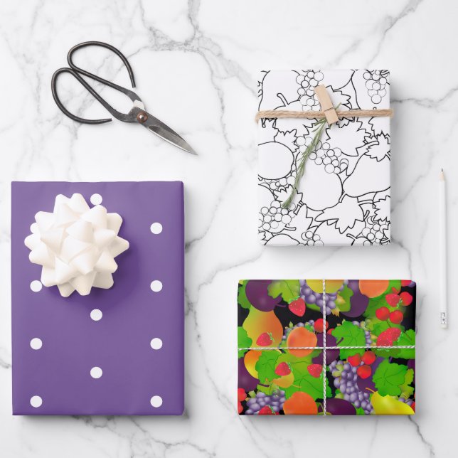 Obstsortiment und Lila Geschenkpapier Set (Vorderseite)