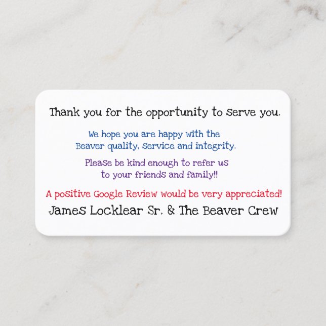 Obtenez le carte de visite d'examens de Google (Devant)