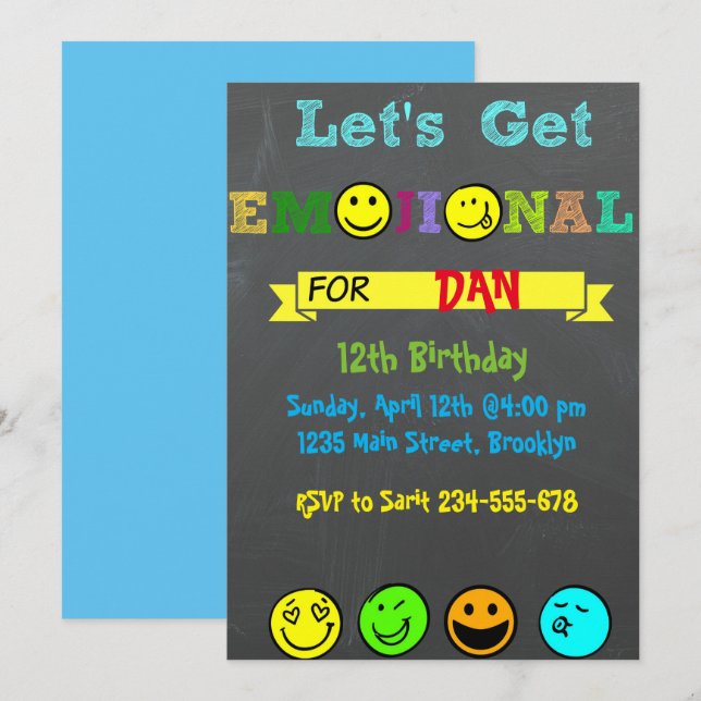 Obtenons Emojinal, Emoji Boy Invitation Anniversai (Devant / Derrière)