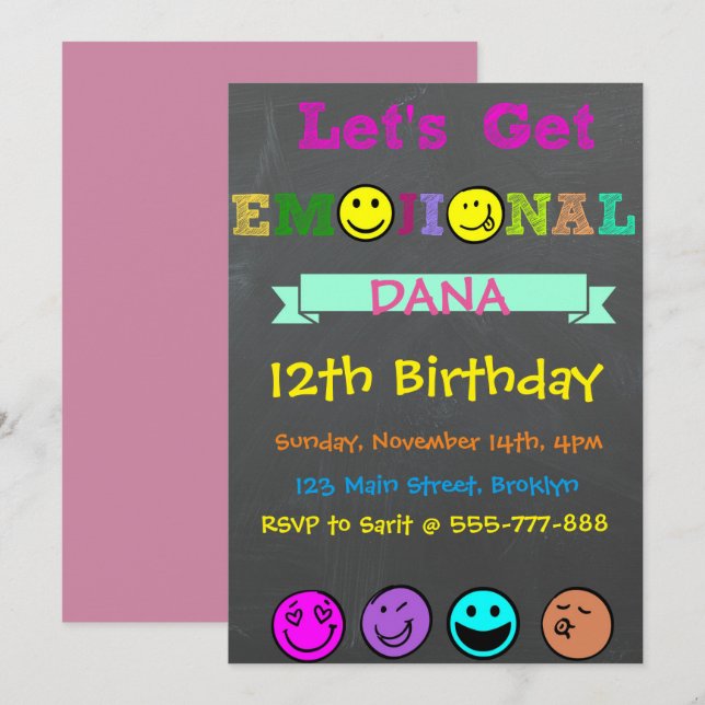Obtenons Emojinal, Emoji Girl Birthday Invitation (Devant / Derrière)