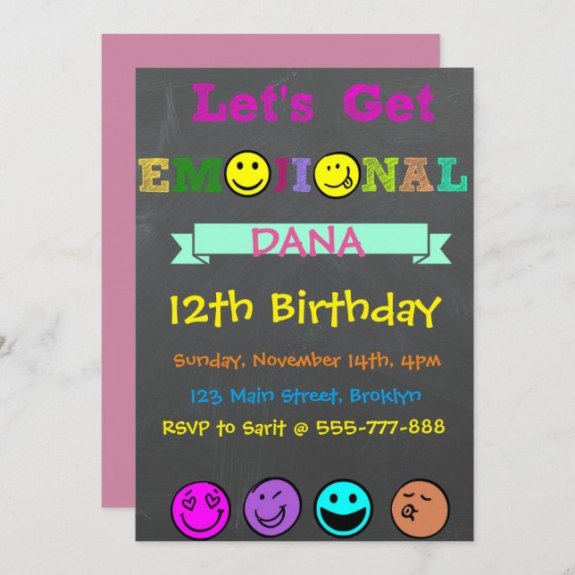 Obtenons Emojinal, invitation d'anniversaire de (Devant / Derrière)