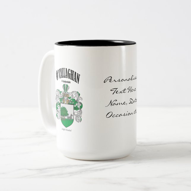 O'Callaghan Familienwappen, Übersetzung und Bedeut Zweifarbige Tasse (Vorderseite Links)