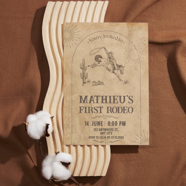 Occidental Rodeo Première Invitation d'anniversair (Beige and Brown Vintage Western First Rodeo Invitation)