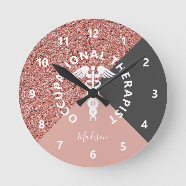 Occupational Therapist Rose Gold Pink Glitter Name Runde Wanduhr (Vorderseite)