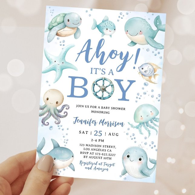 Ocean Ahoy It's A Boy Blue Sea Baby Shower Einladung (Von Creator hochgeladen)