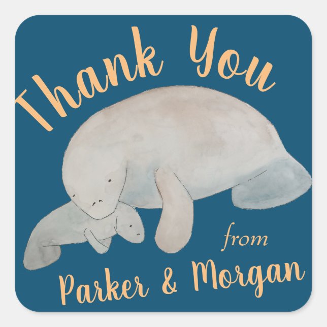 Ocean Animal Manatee Baby Dusche Vielen Dank Quadratischer Aufkleber (Vorderseite)