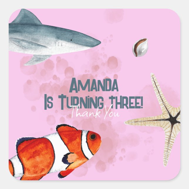 Ocean Animals Kinder Hai Party Rosa Vielen Dank Quadratischer Aufkleber (Vorderseite)