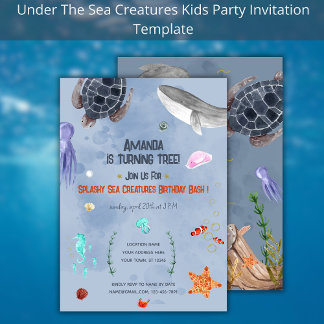 Ocean Animals Kindergeburtstag Party Blaue Einladu Einladung