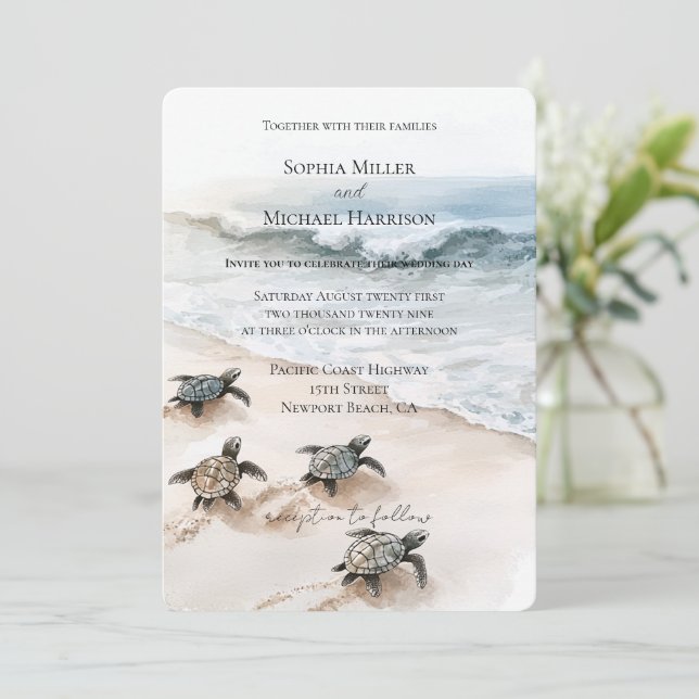 Ocean Beach Coast Sea Turtles Wedding Einladung (Stehend Vorderseite)