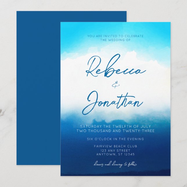 Ocean Beach Coastal Blue Watercolor Hochzeit Einladung (Vorne/Hinten)