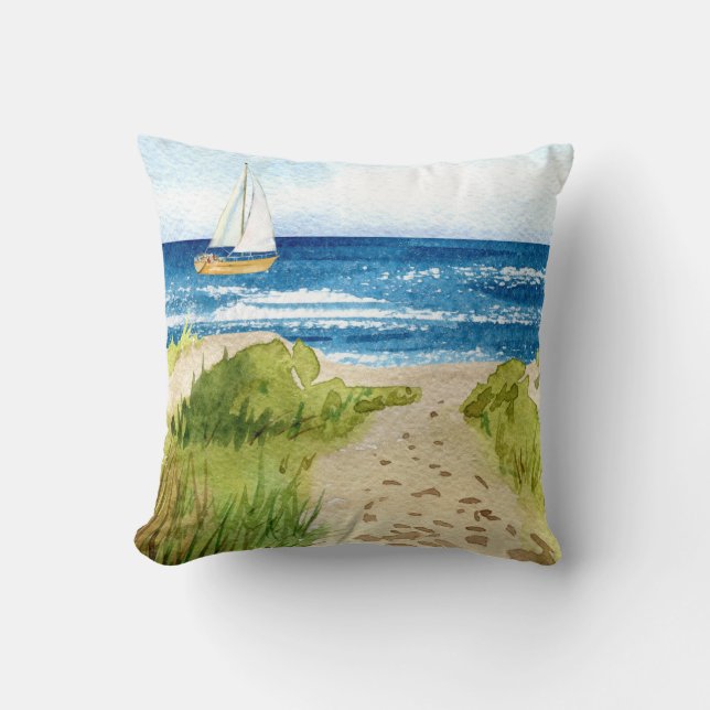 Ocean Beach Coastal Sailboat Shore Line Kissen (Vorderseite)
