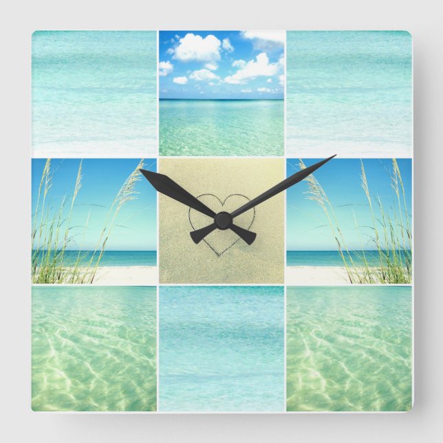 Ocean Beach Collage Wall Clock Quadratische Wanduhr (Vorderseite)