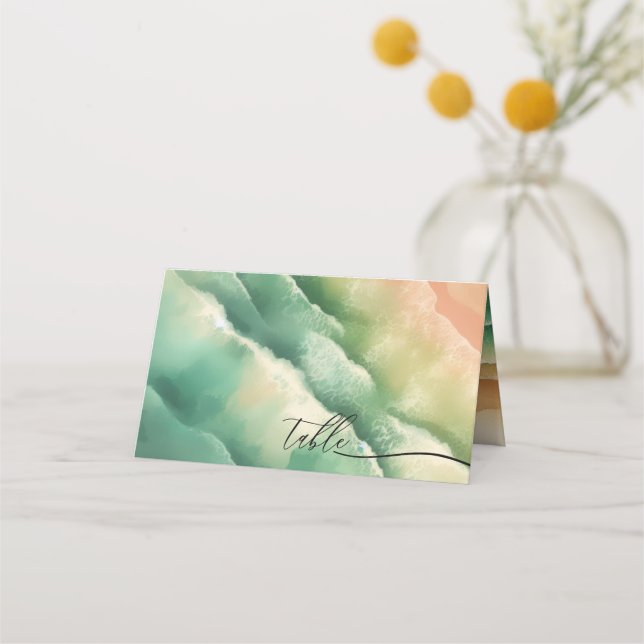 Ocean Beach Green Wedding Watercolor Table Platzkarte (Vorderseite)