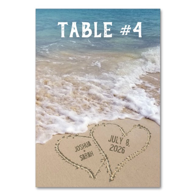Ocean Beach Hearts Tischkarte Tischnummer (Vorderseite)
