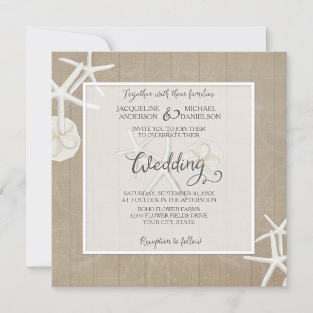Ocean Beach Hochzeit Starfish Wood Damask Rustikal Einladung (Vorderseite)