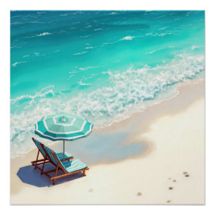 Ocean Beach mit Chaise Lounge und Regenschirm Poster
