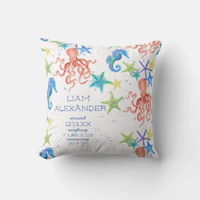 Ocean Beach Octopus Seepferd Boy Baby Birth Stat Kissen (Vorderseite)