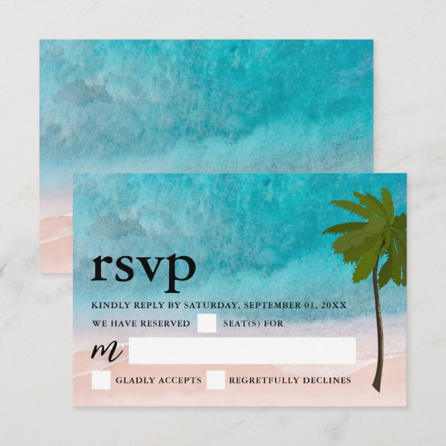 Ocean Beach Palm Tree Wedding RSVP Karte (Vorne/Hinten)