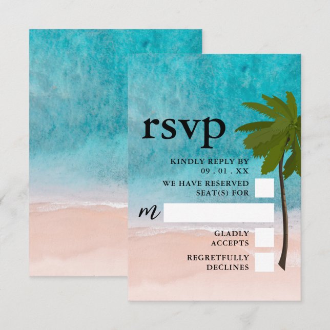 Ocean Beach Palm Tree Wedding RSVP Karte (Vorne/Hinten)
