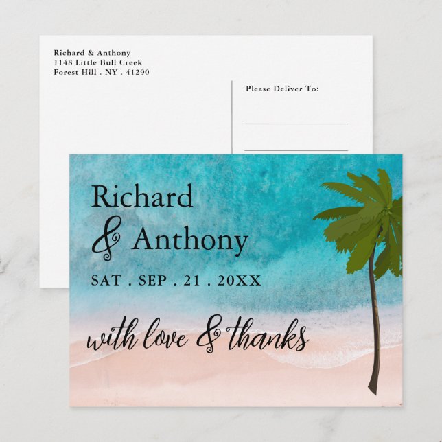 Ocean Beach Palm Tree Wedding Vielen Dank Postkarte (Vorne/Hinten)