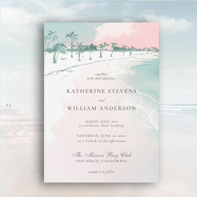 Ocean Beach Palm Trees Pink Sky Elegante Hochzeit Einladung (beach wedding invitation dreamy watercolor waves palm trees ocean formal traditional modern classic)