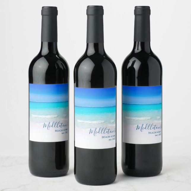 Ocean Beach Personal Aqua Blue Modern Weinetikett (Flaschen)