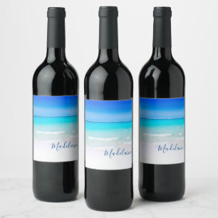 Ocean Beach Personal Name Aqua Blue Modern Weinetikett