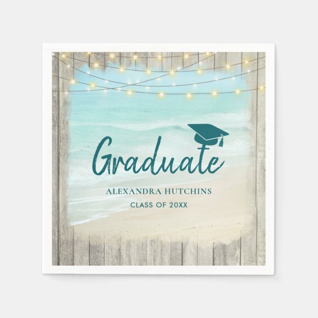 Ocean Beach Rustic Wood Lights Graduate Party Serviette (Vorderseite)