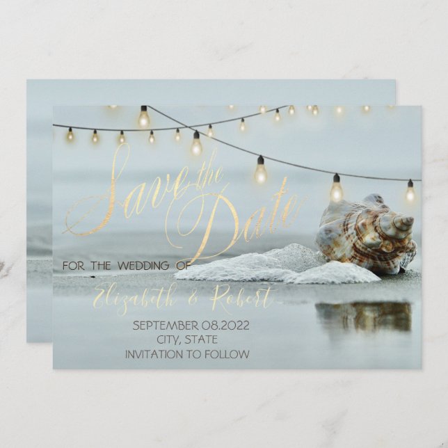 Ocean Beach Seashell String Light Save the Date (Vorne/Hinten)