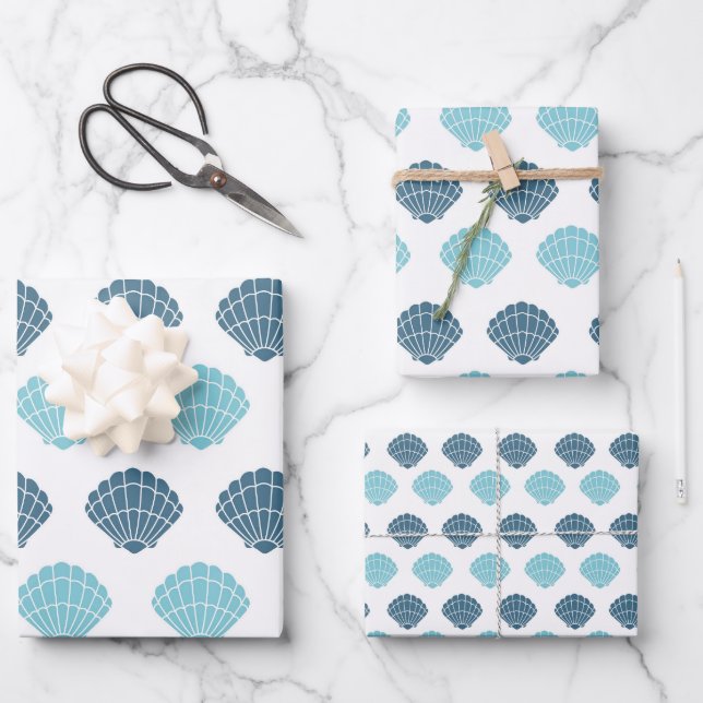 Ocean Beach Seashells Blaues Muster Theme Geschenkpapier Set (Vorderseite)