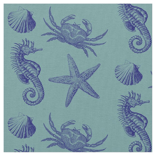 Ocean Beach Seepferd Starfish Crab & Muschel Muste Stoff (Nahaufnahme)