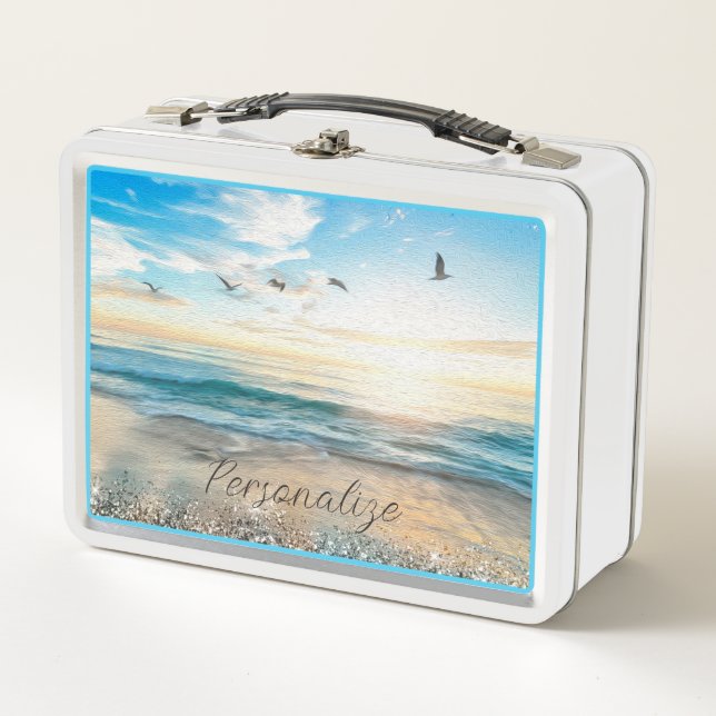 Ocean Beach Sunrise Birds Natur Personalisiert Metall Brotdose (Vorderseite)