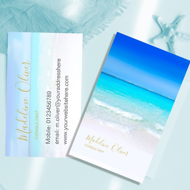 Ocean Beach Travel Wellness-Center Blue Gold Stilv Visitenkarte (Von Creator hochgeladen)