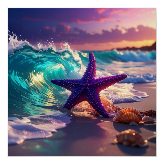 Ocean beach with violet starfish poster (Vorderseite)