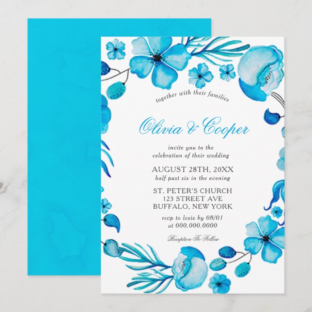 Océan Bleu Aquarelle Faire-part de mariage Florale (Devant / Derrière)