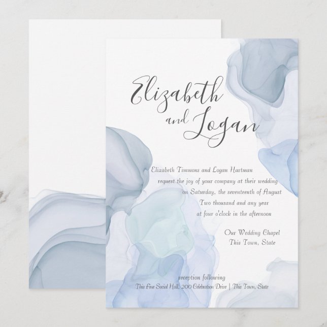 Ocean Blue Abstrakt Modern Watercolor Wedding Einladung (Vorne/Hinten)