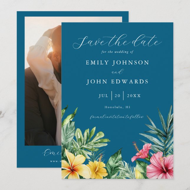 Ocean Blue Elegante Tropical Blume Foto Hochzeit Save The Date (Vorne/Hinten)