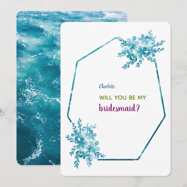 Ocean Blue Floral Bridesmaid Einladungskarten (Vorne/Hinten)
