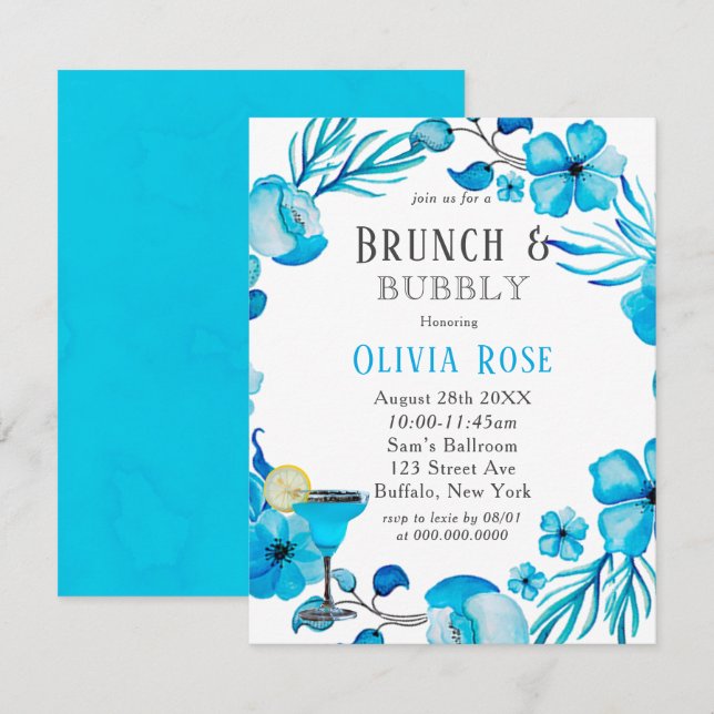 Ocean Blue Floral Brunch & Bubbly Invitation (Devant / Derrière)