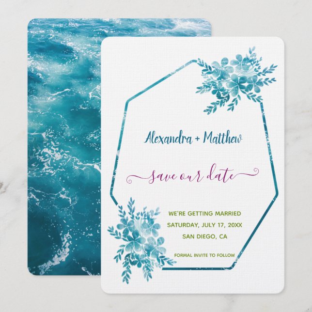 Ocean Blue Floral Save the Date (Vorne/Hinten)