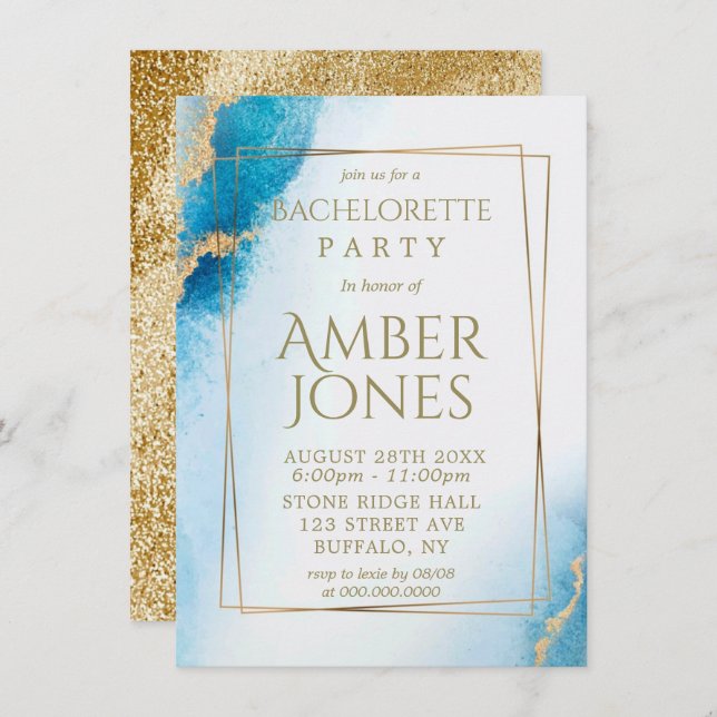 Ocean Blue Gold Agate Bachelorette Invitations (Devant / Derrière)